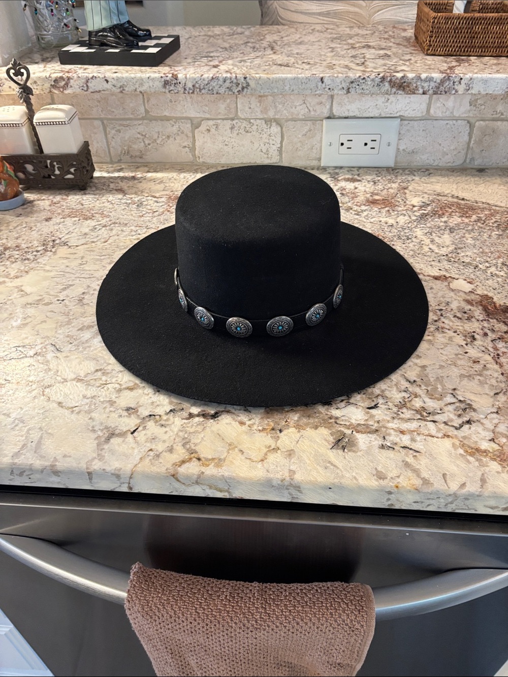 Meccafox Black Wide Brim Wool Felt Hat with Concho Band